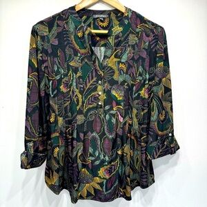 Roz & Ali Boho Floral & Paisley Print 3/4 Sleeve Pleated Blouse Size Large NEW